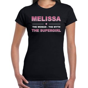 Naam cadeau Melissa - The woman, The myth the supergirl t-shirt zwart - Shirt verjaardag/ moederdag/ pensioen/ geslaagd/ bedankt