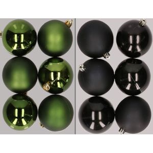 12x stuks kunststof kerstballen mix van donkergroen en zwart 8 cm - Kerstversiering