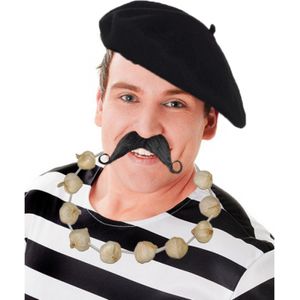 Carnaval verkleed set compleet - Fransman baret met plaksnor - en knoflook ketting - volwassenen - verkleedkleding