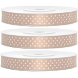 3x Hobby/decoratie zalm kleurige satijnen sierlinten met witte stippen 1,2 cm/12 mm x 25 meter - Cadeaulinten satijnlinten/ribbons - Zalm kleurige linten met witte stippen - Hobbymateriaal benodigdheden - Verpakkingsmaterialen