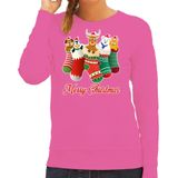 Bellatio Decorations Foute kersttrui/sweater dames - kerstsokken - roze - kerstdieren - rudolf