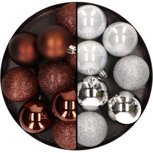 24x stuks kunststof kerstballen mix van donkerbruin en zilver 6 cm - Kerstversiering