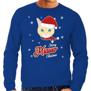 Foute Kersttrui / sweater - Merry Miauw Christmas - kat / poes - blauw voor heren - kerstkleding / kerst outfit