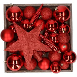 Kerstballen set - 45x st - met ster piek - rood - kunststof