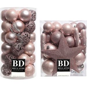 70x stuks kunststof kerstballen met ster piek lichtroze (blush pink) mix - Kerstversiering/kerstboomversiering