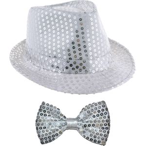 Carnaval verkleedkleding setje - glitter hoedje en vlinderstrikje - zilver - volwassenen - met pailletten