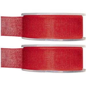 2x Hobby/decoratie rode organza sierlinten 2,5 cm/25 mm x 20 meter - Cadeaulint organzalint/ribbon - Striklint linten rood