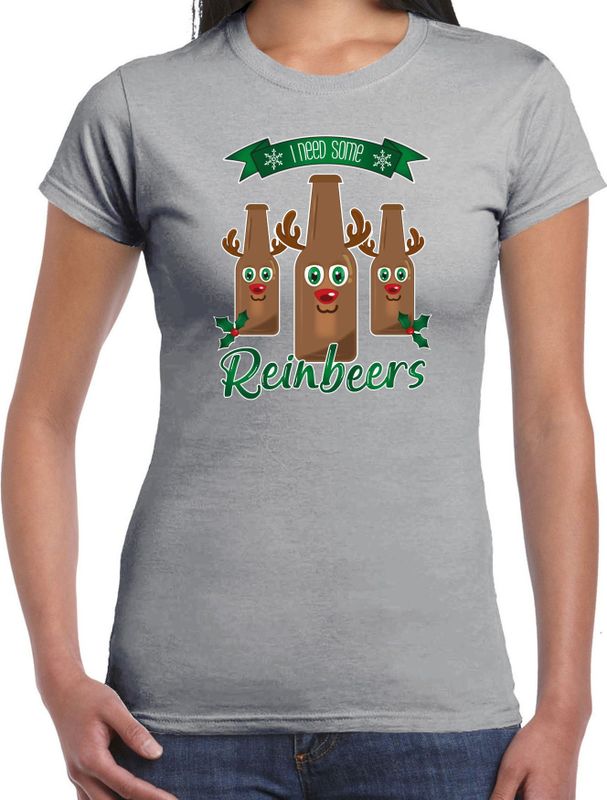 Bellatio Decorations fout kersttrui t-shirt dames - Rudolf Reinbeers - grijs - rendier/bier