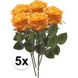 5 x Geel/oranje roos Simone steelbloem 45 cm - Kunstbloemen