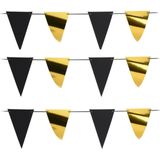 Party Vlaggenlijn - 3x - binnen/buiten - plastic - metallic zwart/goud - 6 m - 25 punt vlaggetjes
