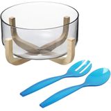 Secret de Gourmet Saladekom/serveerschaal - glas - plastic slacouvert blauw - Dia 24 cm