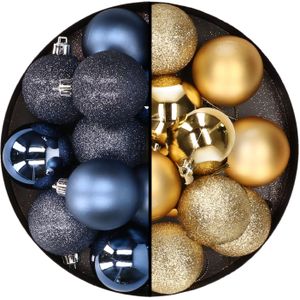 24x stuks kunststof kerstballen mix van donkerblauw en goud 6 cm - Kerstversiering