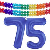 Folat folie ballonnen - Leeftijd cijfer 75 - blauw - 86 cm - en 2x slingers