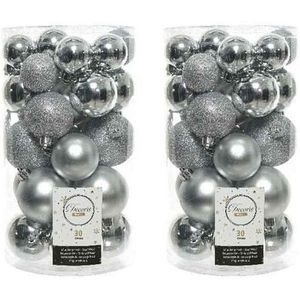 60x Zilveren kunststof kerstballen 4 - 5 - 6 cm - Mat/glans/glitter - Onbreekbare plastic kerstballen - Kerstboomversiering zilver