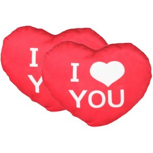 Sierkussentje Valentijn/I Love hartje vorm - 2x - rood - pluche - 30 cm