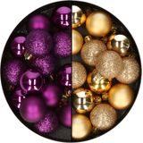 Decoris kleine kerstballen - 28x st - goud en paars - 3 cm - kunststof