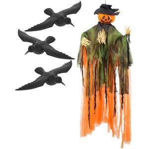 Horror decoratie pakket hangende pompoen vogelverschrikker met kraaien/raven - Halloween thema versiering