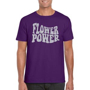 Paars Flower Power t-shirt met zilveren letters heren - Sixties/jaren 60 kleding