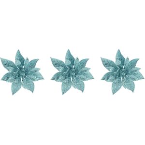 4x stuks decoratie bloemen kerststerren ijsblauw glitter op clip 15 cm - Decoratiebloemen/kerstboomversiering