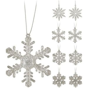 24x Kersthangers figuurtjes zilveren sneeuwvlok/ster 10 cm glitter - Sneeuw thema kerstboomhangers - Kerstboomversieringen koper