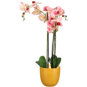 Orchidee kunstplant roze - 75 cm - inclusief bloempot okergeel glans - Kunstbloemen in pot