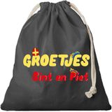 2x Groetjes van Sint en Piet cadeauzakje zwart met sluitkoord - katoenen / jute zak - Sinterklaas kadozak voor pakjesavond