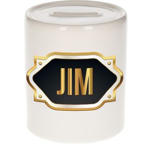 Jim naam cadeau spaarpot met gouden embleem - kado verjaardag/ vaderdag/ pensioen/ geslaagd/ bedankt