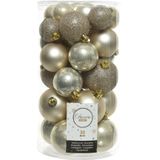 Decoris kerstballen 30x stuks - licht champagne 4/5/6 cm kunststof mat/glans/glitter mix en shiny glazen piek 26 cm