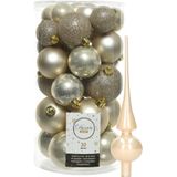 Decoris kerstballen 30x stuks - licht champagne 4/5/6 cm kunststof mat/glans/glitter mix en shiny glazen piek 26 cm