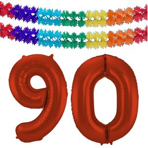 Folat folie ballonnen - Leeftijd cijfer 90 - rood - 86 cm - en 2x slingers
