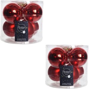 12x Kerst rode glazen kerstballen 8 cm - glans en mat - Glans/glanzende - Kerstboomversiering kerst rood
