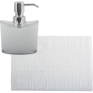 MSV badkamer droogloop mat/tapijtje - 50 x 80 cm - en zelfde kleur zeeppompje 260 ml - wit