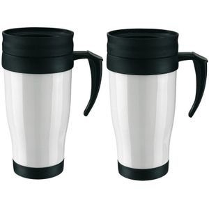 2x Thermosbekers/warmhoudbekers wit/zwart 400 ml - Thermo koffie/thee bekers dubbelwandig met schroefdop 2 stuks