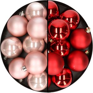 24x stuks kunststof kerstballen mix van lichtroze en rood 6 cm - Kerstversiering