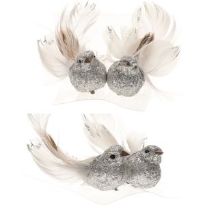 8x Kerstboomversiering glitter zilver vogeltje op clip 10 cm - Kerstboom decoratie vogeltjes
