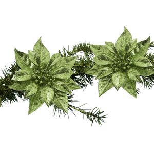 Kerstboom bloemen op clip - 2x stuks - groen - kunststof - 18 cm
