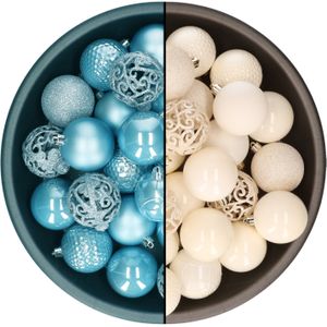 Decoris kerstballen - 74x st - wol wit en ijsblauw - 6 cm - kunststof