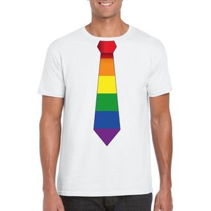 Wit t-shirt met regenboog stropdas heren  - LGBT/ Gay pride shirts