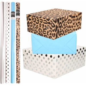 8x Rollen transparante folie/inpakpapier pakket - panterprint/blauw/wit met zilveren stippen 200 x 70 cm - dierenprint papier