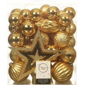 Kerstballen set - 55x stuks incl. ster piek - goud - kunststof