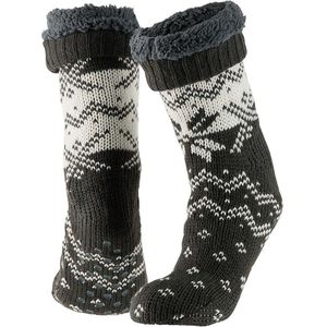 Grijs/witte gevoerde huissokken/slofsokken voor heren - Maat 42-47 - Extra warme sokken voor de winter - Warme voeten