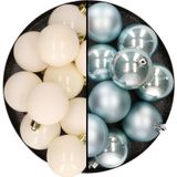 Kunststof kerstballen 6 cm - 24x stuks - wol wit en lichtblauw
