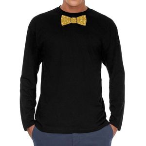 Zwart long sleeve t-shirt met vlinderdas in glitter goud heren - zwart shirt met lange mouwen en gouden strik das voor heren