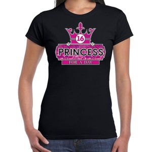 Sweet sixtien shirt - 16 jaar cadeau t-shirt zwart voor meiden - Princess for a day - zestien verjaardag / jarig shirt / outfit