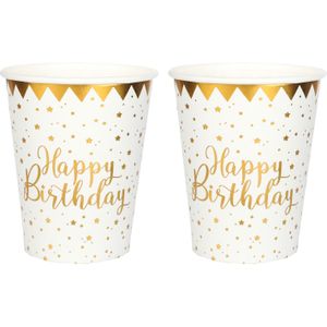 Verjaardag feest bekertjes happy birthday - 20x - wit - karton - 270 ml