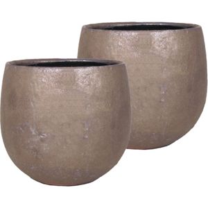Set van 2x stuks bloempot/plantenpot schaal van keramiek in een glanzend brons kleur met diameter 15/13 cm en hoogte 12 cm -  Binnen gebruik