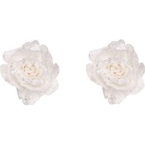 2x stuks witte rozen met glitters op clips 10 cm - kerstversiering