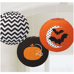 Set van 6x stuks ronde Halloween lampionnen 24 cm - Halloween trick or treat lampionnen versiering - Bollampion