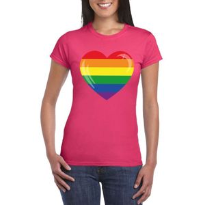 Gay pride t-shirt met Regenboog vlag in hart roze dames