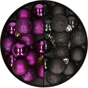 Decoris kleine kerstballen - 28x st - zwart en paars - 3 cm - kunststof